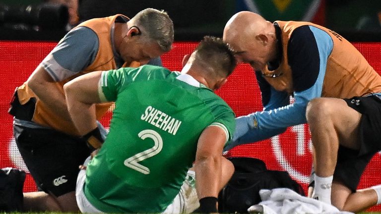 Dan Sheehan of Ireland receives medical treatment during the first Test between South Africa and Ireland