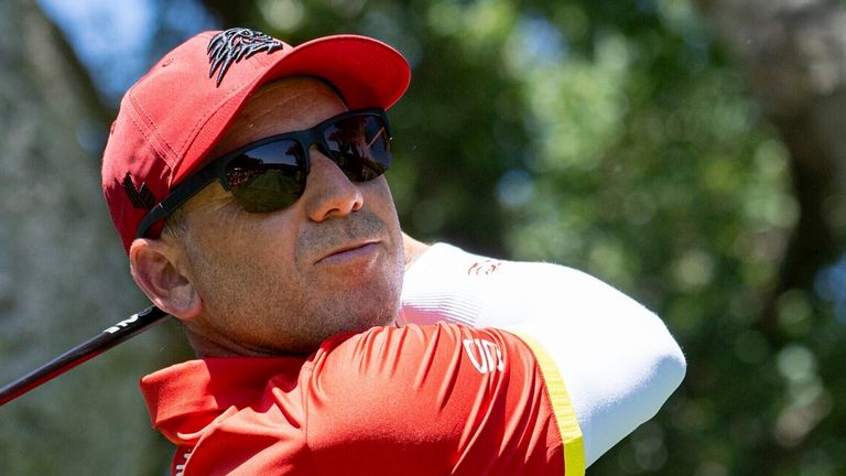 Captain Sergio Garcia of Fireballs GC hits his shot from the fourth tee during the final round of LIV Golf Andaluc..a at Real Club Valderrama on Sunday, July 14, 2024 in San Roque, Spain. (Photo by Charles Laberge/LIV Golf via AP) 