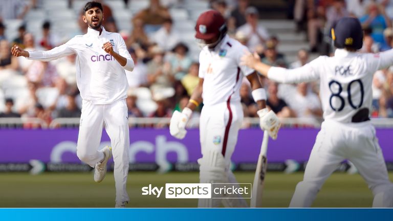 England's Shoaib Bashir celebrates after taking the wicket of West Indies's Kavem Hodge during day four of the Second Rothesay Test match at Trent Bridge, Nottingham. Picture date: Sunday July 21, 2024.