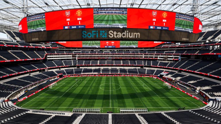 INGLEWOOD, CA - JULY 27: A general view of the interior of SoFi Stadium from an elevated position before the pre-season club friendly soccer match between Manchester United FC and Arsenal FC on July 27, 2024 at SoFi Stadium in Inglewood, CA. (Photo by Ric Tapia/Icon Sportswire) (Icon Sportswire via AP Images)