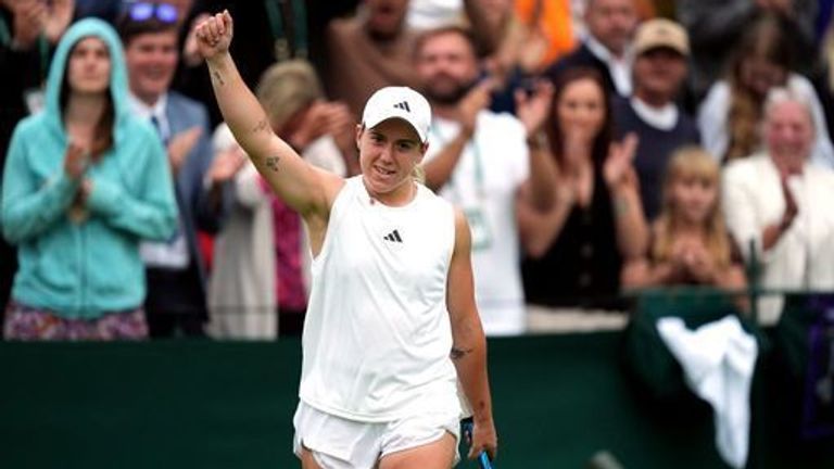 Sonai Kartal celebrates her victory over Sorana Kirstea (not pictured) on day one of the 2024 Wimbledon Championships at the All England Lawn Tennis and Croquet Club in London.  Date taken: Monday, July 1, 2024.