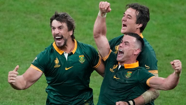 Eben Etzebeth (L), Jesse Kriel (C) and Franco Mostert (R) are among World Cup winners in South Africa's XV to face Ireland 
