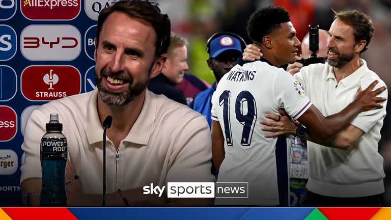 0 July 2024, North Rhine-Westphalia, Dortmund: Soccer, UEFA Euro 2024, European Championship, Netherlands - England, final round, semi-final, Dortmund stadium, England's scorer Ollie Watkins (l) is hugged by England coach Gareth Southgate after the match. 