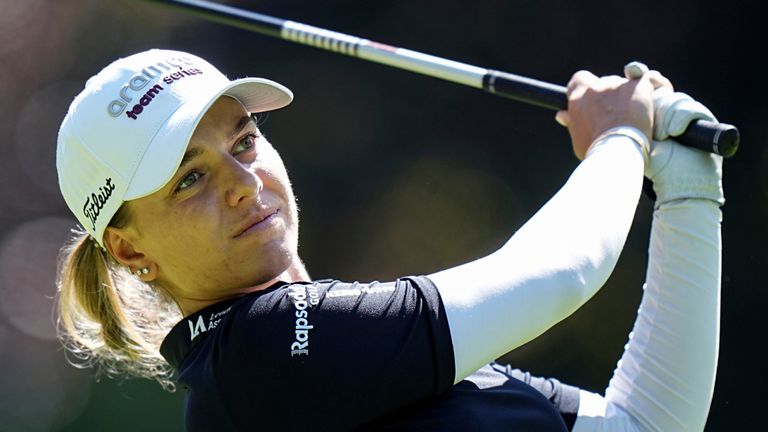 Stephanie Kyriacou, of Australia, plays on the fourth hole during the last round of the Evian Championship women's golf tournament, in Evian, eastern France, Sunday, July 14, 2024. (AP Photo/Laurent Cipriani)