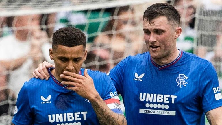 GLASGOW, SCOTLAND - MAY 11: Rangers' James Tavernier and John Souttar look dejected during a cinch Premiership match between Celtic and Rangers at Celtic Park, on May 11, 2024, in Glasgow, Scotland. (Photo by Alan Harvey / SNS Group)