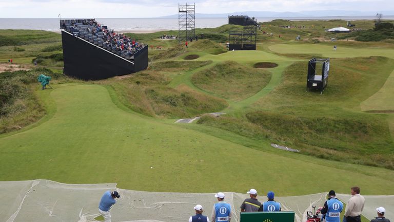 Jason Dufner of the US plays of the 8th tee, the hole a par 3, is 123 yards long and known as the 'postage stamp' during a practice round for the British Open Golf Championships at the Royal Troon Golf Club in Troon, Scotland, Tuesday, July 12, 2016. 