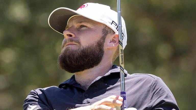 Tyrrell Hatton of Legion XIII hits his shot on the first hole during the final round of LIV Golf Andaluc..a at Real Club Valderrama on Sunday, July 14, 2024 in San Roque, Spain. (Photo by Jon Ferrey/LIV Golf via AP)