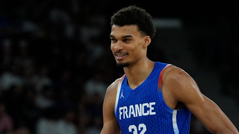 ROUEN, FRANCE - JULY 3: Victor Wembanyama is all smile during the international friendly match of the French National Basketball team against Turkiye at Kinder Arena on July 3, 2024 in Rouen, France. (Photo by Glenn Gervot/Icon Sportswire) (Icon Sportswire via AP Images)