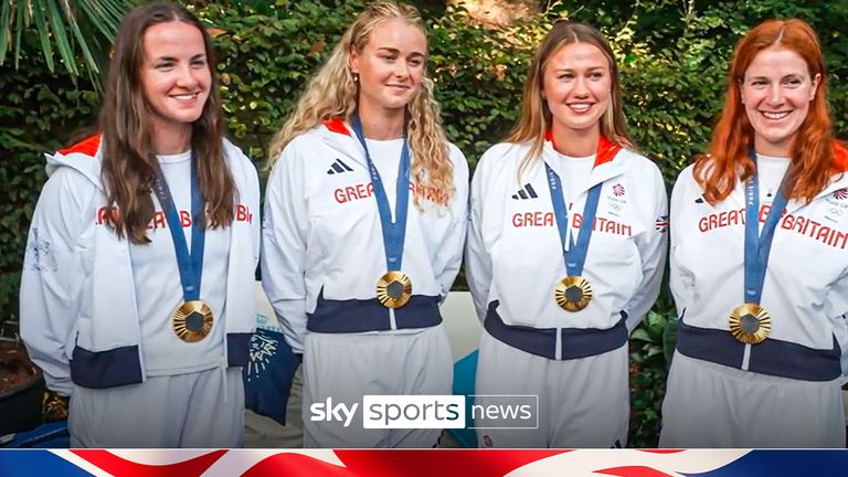 Team GB&#39;s gold medal winning quadruple sculls quartet of Georgie Brayshaw, Lola Anderson, Hannah Scott, Lauren Henry.