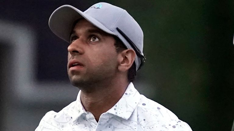 Aaron Rai, of England, reacts on the 18th hole after winning the Wyndham Championship golf tournament in Greensboro, N.C., Sunday, Aug. 11, 2024. (AP Photo/Chuck Burton)