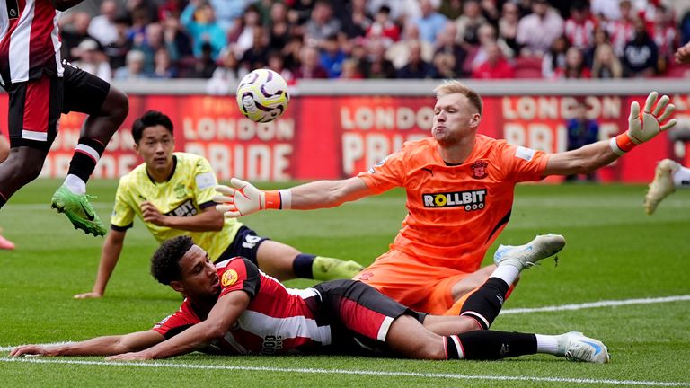 Southampton goalkeeper Aaron Ramsdale saves a shot from Brentford's Kevin Schade