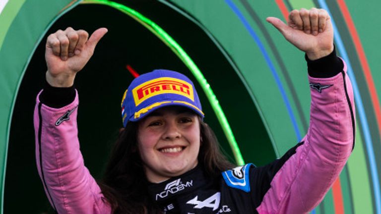 Abbi Pulling celebrates winning the opening F1 Academy race at Zandvoort