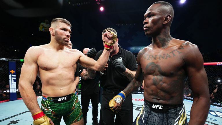 PERTH, AUSTRALIA - AUGUST 18:  in their middleweight title fight during the UFC 305 event at RAC Arena on August 18, 2024 in Perth, Australia. (Photo by Jeff Bottari/Zuffa LLC)