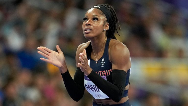 Amber Anning, of Britain, reacts after qualifying in a women's 400 meters semifinal at the 2024 Summer Olympics, Wednesday, Aug. 7, 2024, in Saint-Denis, France. (AP Photo/Ashley Landis)