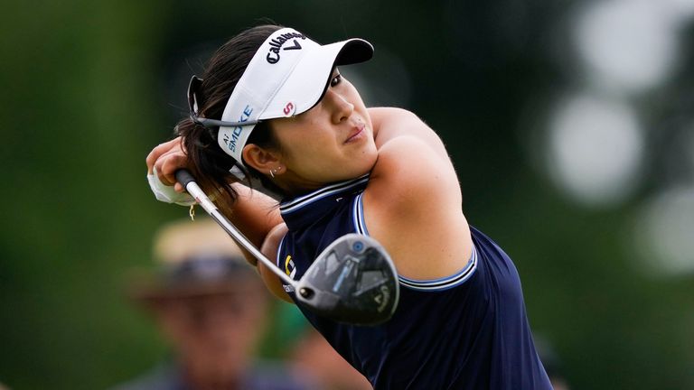 Andrea Lee hits off the 14th tee during the final round of the U.S. Women's Open golf tournament at Lancaster Country Club, Sunday, June 2, 2024, in Lancaster, Pa. (AP Photo/Matt Rourke)