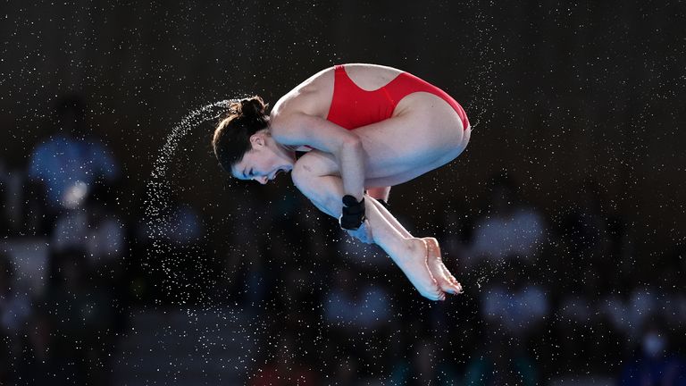 Andrea Wortholini-Sirieix dari Inggris saat Final Platform 10m Putri di Aquatics Centre pada hari kesebelas Olimpiade Paris 2024 di Prancis. Tanggal pengambilan gambar: Selasa 6 Agustus 2024.