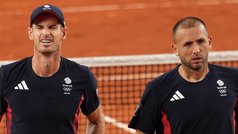 Great Britain's Andy Murray and Dan Murray reacts during their Men's Doubles Quarter-Final match against USA's Taylor Fritz and Tommy Paul 