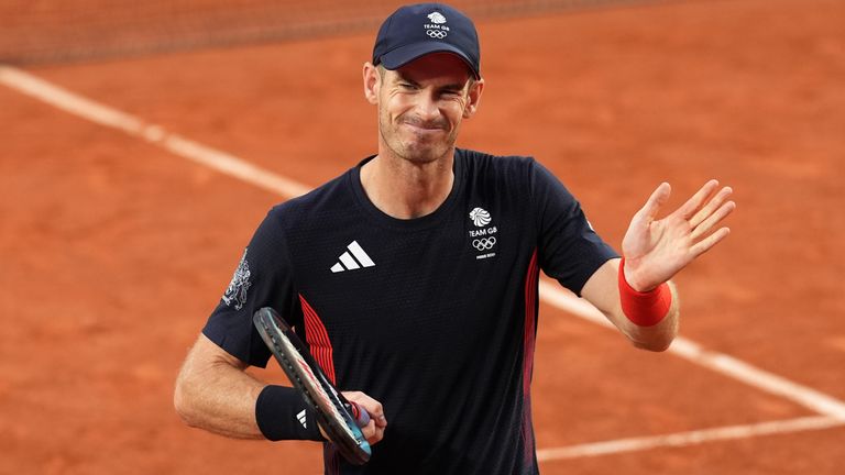 Great Britain's Andy Murray reacts during his Men's Doubles Quarter-Final match with Dan Evans against USA's Taylor Fritz and Tommy Paul 