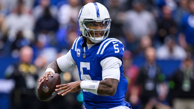 Indianapolis Colts quarterback Anthony Richardson (5) looks downfield from the pocket during an NFL football game against the Tennessee Titans, Sunday, Oct. 8, 2023, in Indianapolis. (AP Photo/Zach Bolinger)