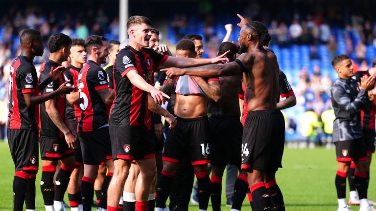 Antoine Semenyo celebrates with team-mates after three late goals gave Bournemouth a 3-2 win over Everton at Goodison Park