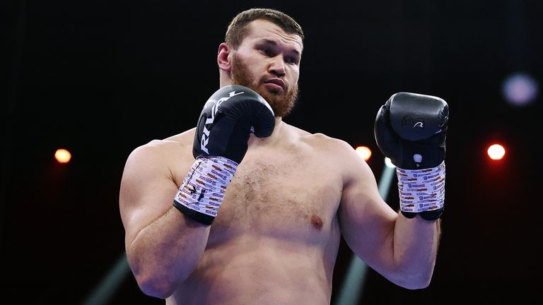 Day of Reckoning: Fight Night
RIYADH, SAUDI ARABIA - DECEMBER 23: Arslanbek Makhmudov looks on during the WBA Inter-Continental & North American Boxing Federation Heavyweight title fight between Arslanbek Makhmudov and Agit Kabayel during the Day of Reckoning: Fight Night at Kingdom Arena on December 23, 2023 in Riyadh, Saudi Arabia. (Photo by Richard Pelham/Getty Images)