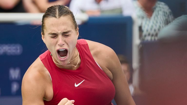 CINCINNATI, OH - AUGUST 18: Aryna Sabalenka celebrates with a fist pump after winning the match against Iga Swiatek of Poland during the semifinal round of the Cincinnati Open at the Lindner Family Tennis Center on August 18, 2024 in Mason, OH. (Photo by Shelley Lipton/Icon Sportswire) (Icon Sportswire via AP Images)