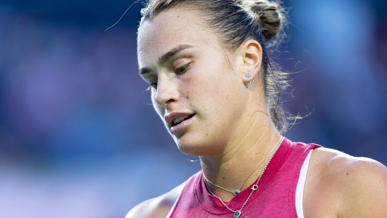 TORONTO, ON - AUGUST 08: Aryna Sabalenka of Russia reacts during her second round match of the National Bank Open, part of the WTA Tour, at Sobeys Stadium on August 8, 2024 in Toronto, Canada. (Photo by Julian Avram/Icon Sportswire) (Icon Sportswire via AP Images)