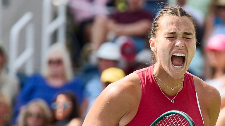 CINCINNATI, OH – AUGUST 19: Aryna Sabalenka of Belarus celebrates winning a point against Jessica Pegula of the USA during the championship round of the Cincinnati Open at Lindner Family Tennis Center on August 19, 2024 in Mason, OH. (Photo by Shelley Lipton/Icon Sportswire) (Icon Sportswire via AP Images)