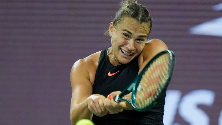 Aryna Sabalenka, of Belarus, returns a shot to Priscilla Hon, of Australia, during a first round match of the U.S. Open tennis championships, Monday, Aug. 26, 2024, in New York. (AP Photo/Frank Franklin II)