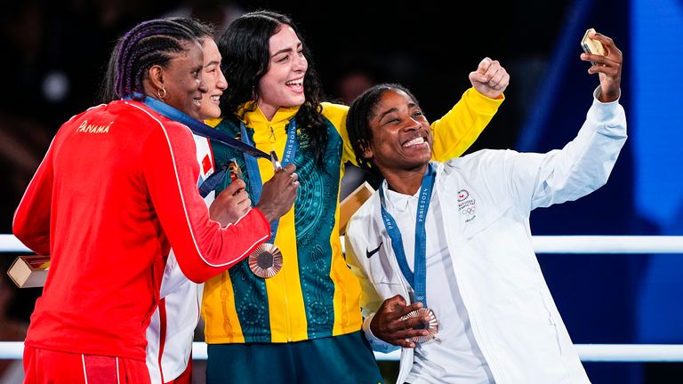 Silver Medallist Atheyna Bibeichi Bylon of Panama, Gold Medallist Qian Li of China, Bronze Medallist Caitlin Parker of Australia and Bronze Medallist Cindy Winner Djankeu Ngamba of Refugee Olympic pose after Women's 75kg - Final of the Boxing on Roland-Garros Stadium during the Paris 2024 Olympics Games on August 10, 2024 in Paris, France. AFP7 10/08/2024 (Europa Press via AP)