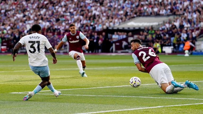 Leon Bailey hits a post against West Ham