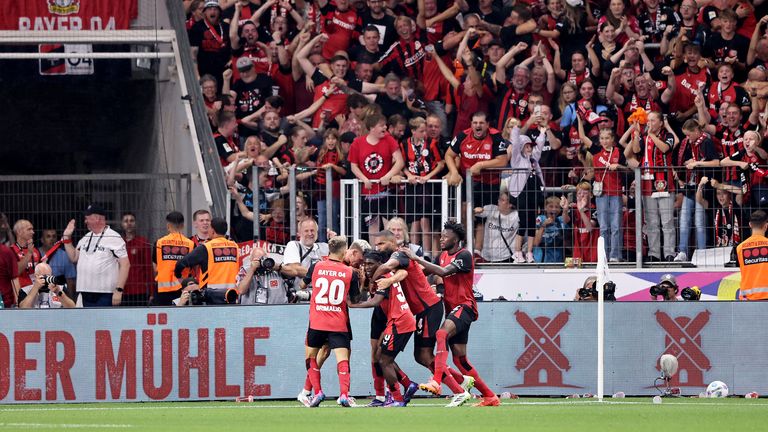 Bayer Leverkusen celebrate PAtrik Schick's late equaliser.