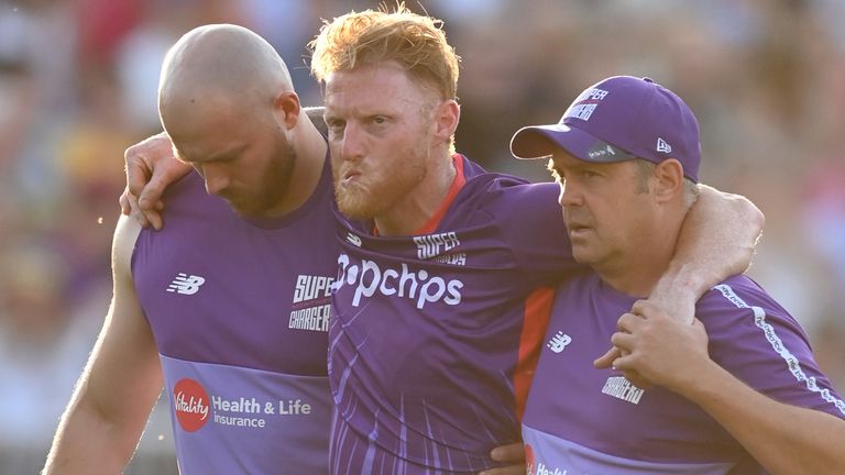 Ben Stokes had to be helped from the field after suffering an apparent hamstring injury batting for Northern Superchargers