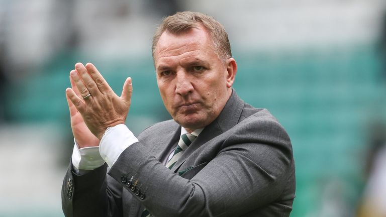 GLASGOW, SCOTLAND - AUGUST 18: Celtic manager Brendan Rodgers at full time during a Premier Sports Cup last sixteen match between Celtic and Hibernian at Celtic Park, on August 18, 2024, in Glasgow, Scotland.  (Photo by Ross MacDonald / SNS Group)