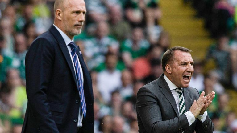 Brendan Rodgers and Philippe Clement during a Scottish Premiership match between Celtic and Rangers at Celtic Park, on May 11, 2024