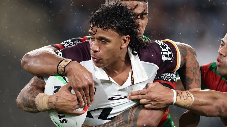 NRL Rd 15 - Rabbitohs v Broncos
SYDNEY, AUSTRALIA - JUNE 14: Tristan Sailor of the Broncos is tackled during the round 15 NRL match between South Sydney Rabbitohs and Brisbane Broncos at Accor Stadium, on June 14, 2024, in Sydney, Australia.</p data-eio=