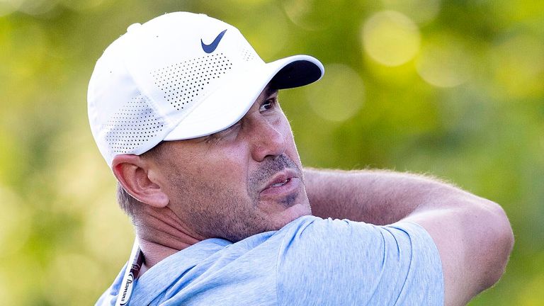 Captain Brooks Koepka, of Smash GC, hits from the 17th tee during the final round of LIV Golf Greenbrier at The Old White at The Greenbrier, Sunday, Aug. 18, 2024, in White Sulphur Springs, W.Va. (Chris Trotman/LIV Golf via AP)