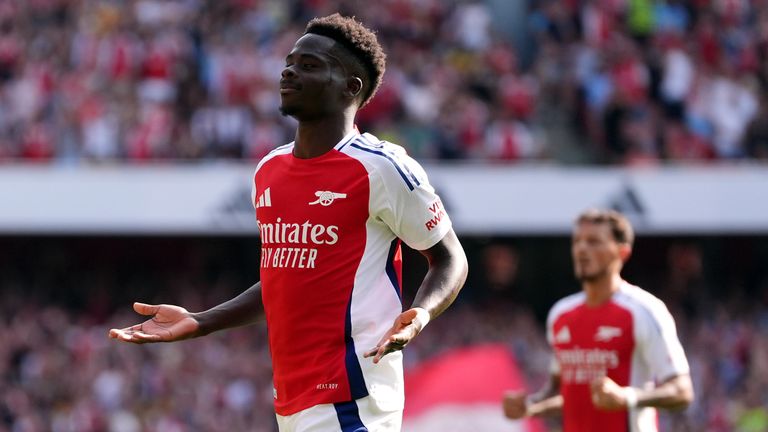 Bukayo Saka celebrates after doubling Arsenal's lead