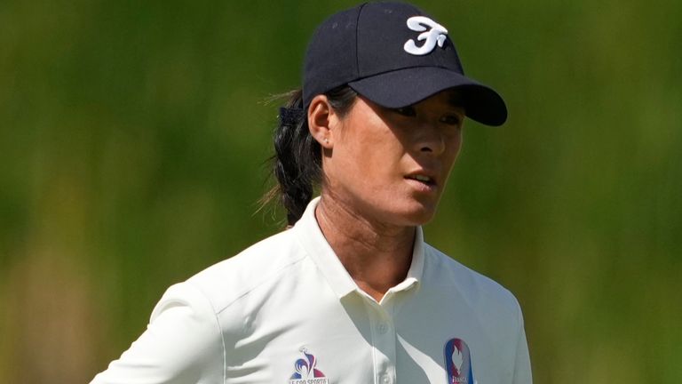 Celine Boutier, of France, reacts after missing a putt on the 11th green during the second round of the women's golf event at the 2024 Summer Olympics, Thursday, Aug. 8, 2024, at Le Golf National, in Saint-Quentin-en-Yvelines, France. (AP Photo/Matt York)