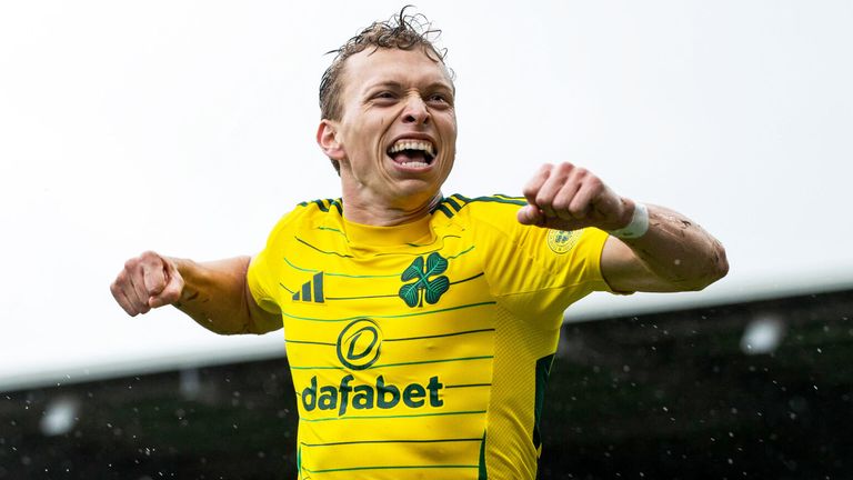 Alistair Johnston celebrates after scoring Celtic's third goal at St Mirren