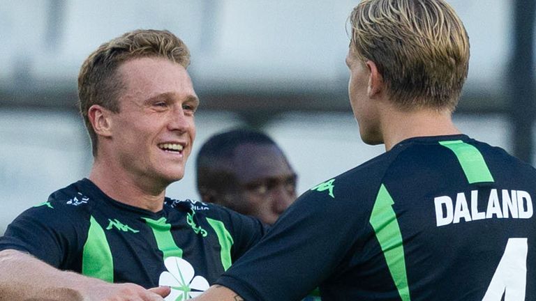 BRUGGE, BELGIUM - AUGUST 01: Cercle Brugge's Thibo Somers celebrates scoring to make it 1-0 with teammate Jesper Daland during a UEFA Europa League 2nd Qualifying Round Second Leg match between Cercle Brugge and Kilmarnock at Jan Breydel Stadium, on August 01, 2024, in Brugge, Belgium. (Photo by Craig Foy / SNS Group)