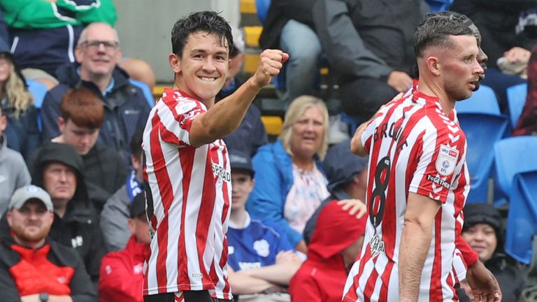 Luke O'Nien celebrates after scoring Sunderland's opening goal at Cardiff