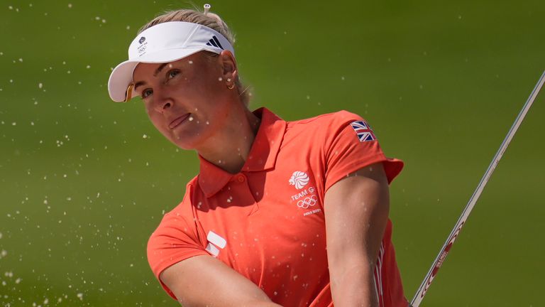 Charley Hull, of Britain, chips out of a bunker on the 2nd green during the first round of the women's golf event at the 2024 Summer Olympics, Wednesday, Aug. 7, 2024, at Le Golf National, in Saint-Quentin-en-Yvelines, France. (AP Photo/George Walker IV)