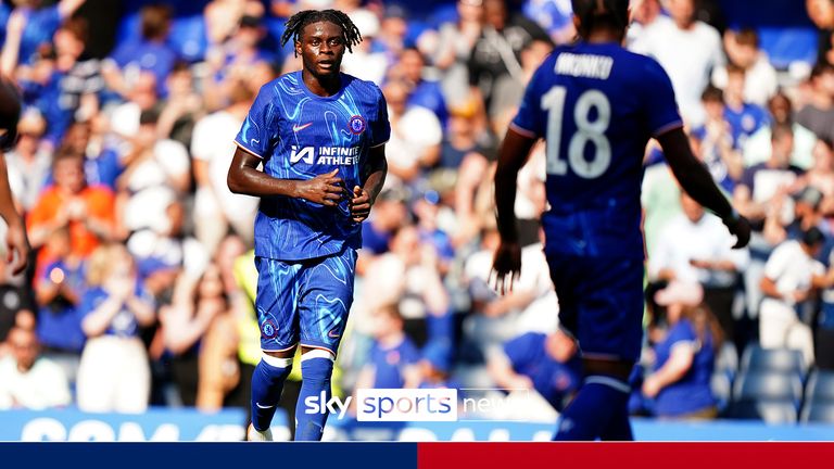 Chelsea&#39;s Lesley Ugochukwu celebrates scoring his sides first goal during the pre-season friendly match at Stamford Bridge