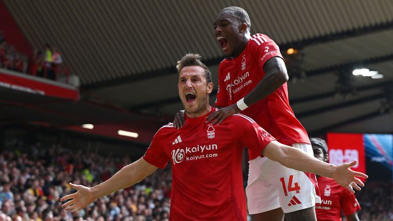 Chris Wood celebrates scoring the opening goal of the game