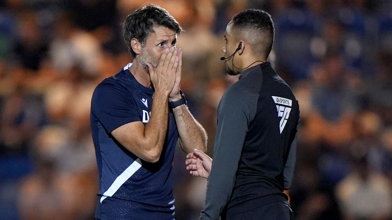 Colchester boss Danny Cowley in disbelief at Brentford's goal being allowed. 