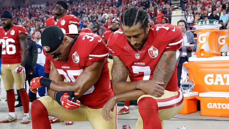 FILE - In this Sept. 12, 2016, file photo, San Francisco 49ers safety Eric Reid (35) and quarterback Colin Kaepernick (7) kneel during the national anthem before an NFL football game against the Los Angeles Rams in Santa Clara, Calif. When Colin Kaepernick took a knee during the national anthem to take a stand against police brutality, racial injustice and social inequality, he was vilified by people who considered it an offense against the country, the flag and the military. Nearly four years later, it seems more people are starting to side with Kaepernick...s peaceful protest and now are calling out those who don...t understand the intent behind his action.  (AP Photo/Marcio Jose Sanchez, File)