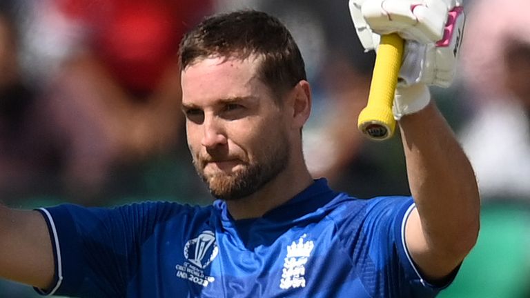 DHARAMSALA, INDIA - OCTOBER 10: Dawid Malan of England celebrates their century during the ICC Men's Cricket World Cup India 2023 between England and Bangladesh at HPCA Stadium on October 10, 2023 in Dharamsala, India. (Photo by Gareth Copley/Getty Images)