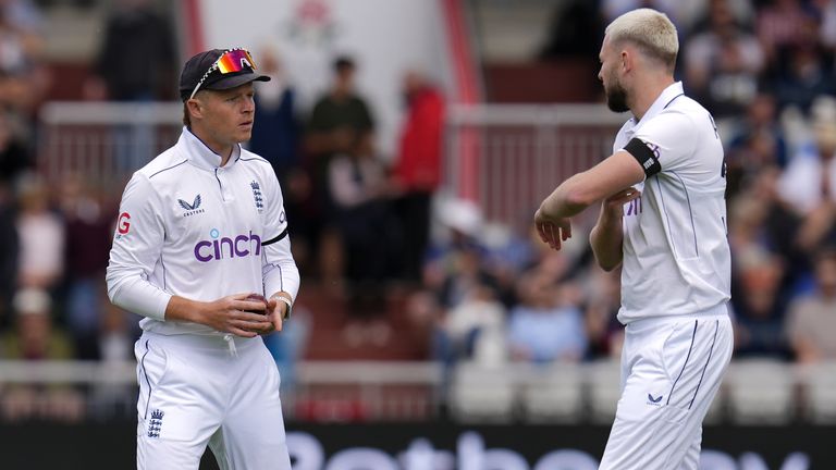 England v Sri Lanka - Rothesay Men's Test Match - First Test - Day One - Emirates Old Trafford
England's Ollie Pope and Gus Atkinson (right) during day one of the First Rothesay Test match at Emirates Old Trafford, Manchester. Picture date: Wednesday August 21, 2024.