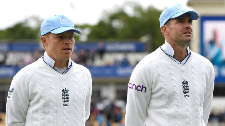 BIRMINGHAM, ENGLAND - JULY 02: Ollie Pope, James Anderson and Ben Stokes of England line up wearing a blue caps in memory of Bob Willis ahead of day two of Fifth LV= Insurance Test Match between England and India at Edgbaston at Edgbaston on July 02, 2022 in Birmingham, England. (Photo by Gareth Copley/Getty Images)